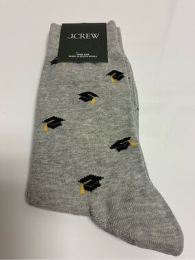 J. Crew Gray Crew Socks with Black Graduation Cap and Yellow Tassel Motifs